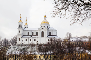 Beautiful old orthodox church belfry in Vitebsk, Belarus, Europe.