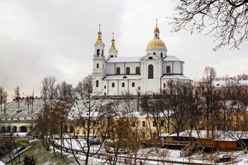 Beautiful old orthodox church belfry in Vitebsk, Belarus, Europe.