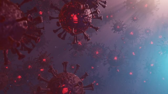 Viruses, Virus Cells under microscope, floating in fluid with red-blue background. Pathogens outbreak of bacterium and virus, disease causing microorganisms. Coronavirus. 3D looped animation