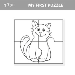 My first puzzle. Cute puzzle game. Vector illustration of puzzle game and coloring book with happy cartoon cat for children