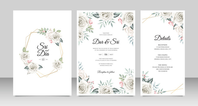 Wedding invitation card set template with flowers and leaves aquarel