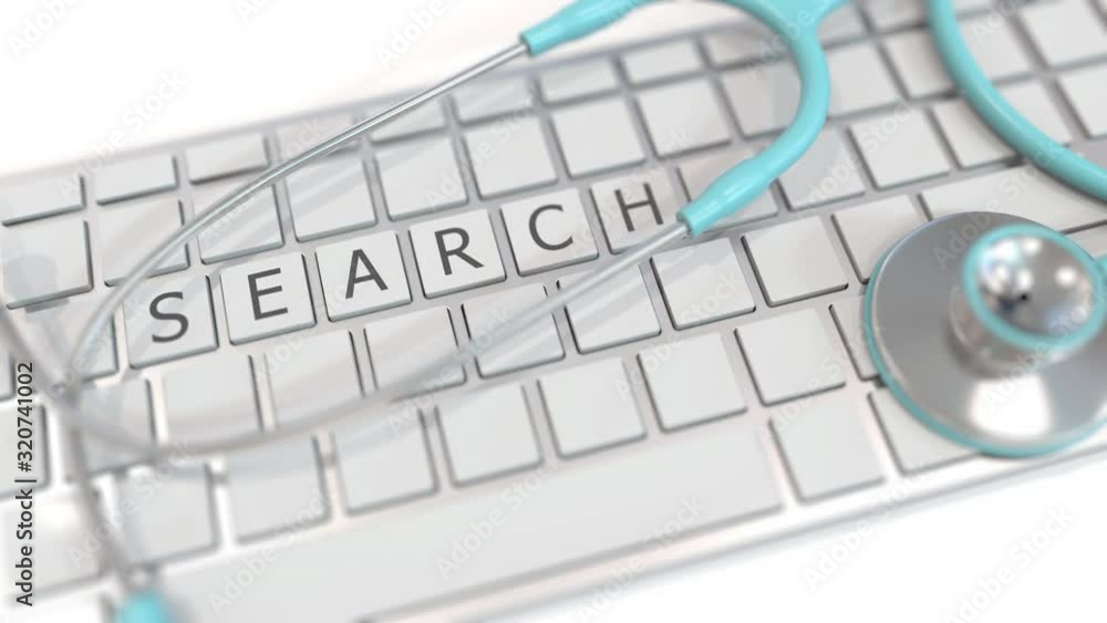 Poster stethoscope on keyboard with search text. modern medicine related conceptual 3d animation