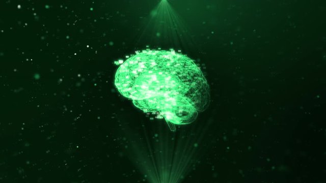  AI Artificial Intelligence/ Hologram of the human brain rotates among particles of light in rays of green. 3d render