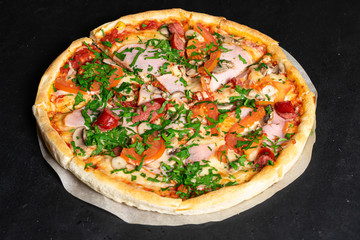 Pepperoni Pizza with Mozzarella cheese. Italian Pizza with Tomatoes, Salami