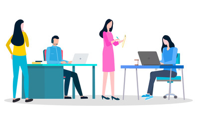 Managers talking with office workers. Man and woman sit on chair by table and work on laptop. Business meeting, appointment. Comfortable workplace, open space. Vector illustration in flat style