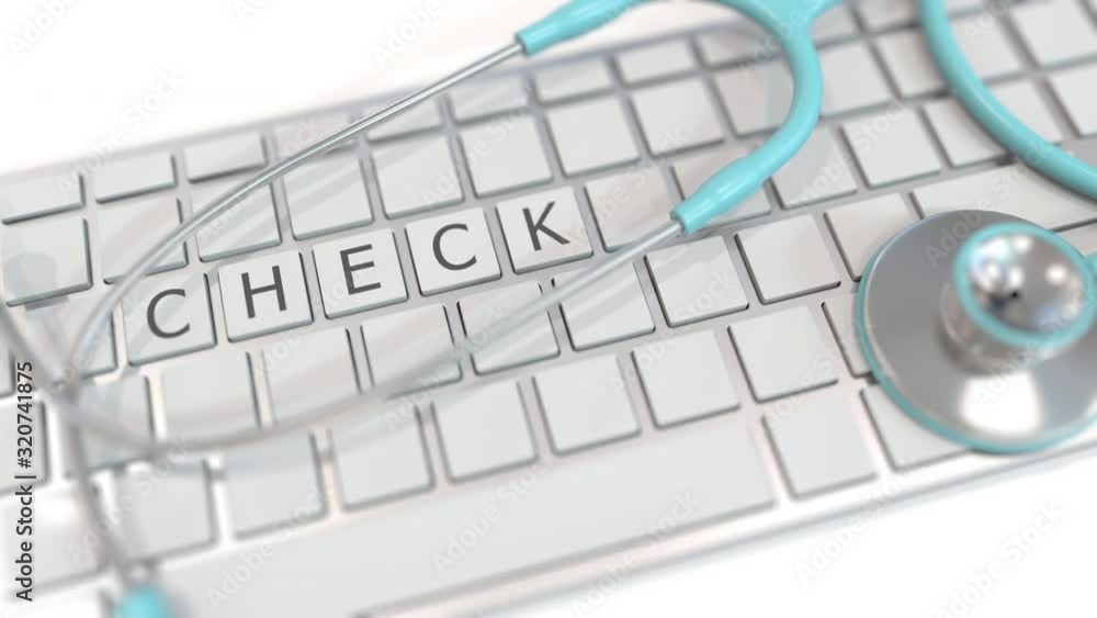 Poster stethoscope on keyboard with check text. modern medicine related conceptual 3d animation