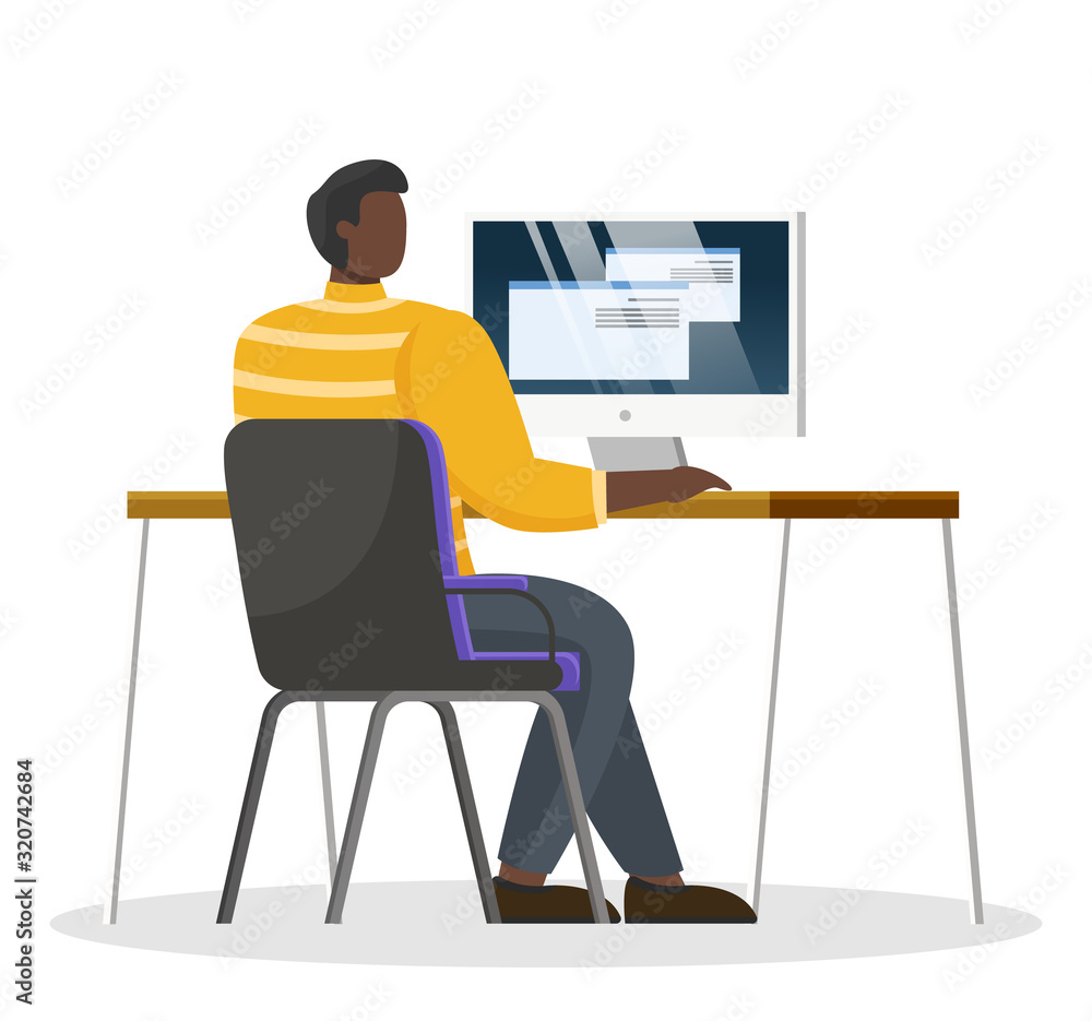 Aufkleber office worker sit on chair by table and work on computer at office room or open space. working proce
