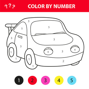 Car In Cartoon Style, Color By Number, Education Paper Game For Development Of Children, Coloring Page, Kids Preschool Activity, Printable Worksheet