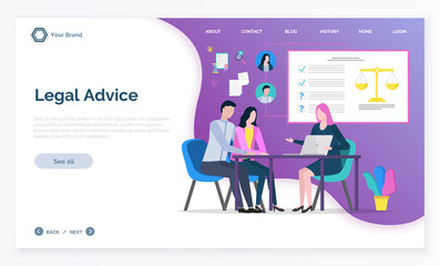 Legal advice app, adviser woman discussing with clients, justice online consultation. Man and woman communication with laptop, legislation vector. Website or webpage template, landing page flat style