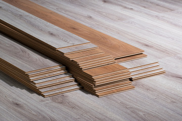 Stacked wooden parquet, product photography.