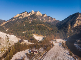Drone view to Pieniny mountains in witer. Poland.