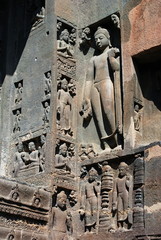 Facade of Cave # 19, right side view, Ajanta Caves, Maharashtra, India