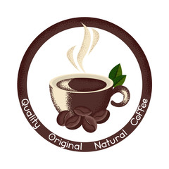 A cup of natural coffee. Grunge logo design, sketch, hand-drawn. Can be used as advertising, sticker, logo, icon.