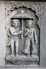 Sculpture on the outer walls of Shiva temple. Ahilyabai Holkar fort, Maheswar, Khargone, Madhya Pradesh, India