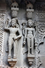 Sculpture on the outer walls of Shiva temple. Ahilyabai Holkar fort, Maheswar, Khargone, Madhya...