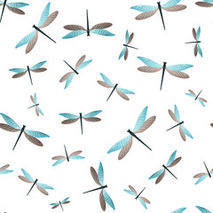 Dragonfly ornamental seamless pattern. Repeating dress textile print with flying adder insects. 