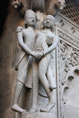 Sculpture on the outer walls of Shiva temple. Ahilyabai Holkar fort, Maheswar, Khargone, Madhya Pradesh, India