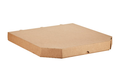 Closed pizza box made of Kraft brown cardboard, isolated on a white background. The upper and side faces of the box are visible.