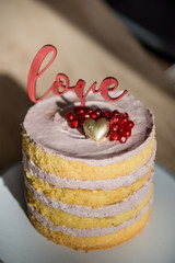 Naked wedding birthday cake. Rustic layer homemade cake with cream. Dessert decorated with chocolate and fruits. Selective focus. Piece of cake. Vegan raw cake.