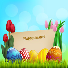 Easter greeting card banner with bright colorful holiday eggs on grass with red and pink tulips. vector