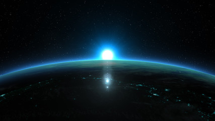 Beautiful view from space of the Sun rising over Planet Earth. Blue version. Elements of this 3D illustration were furnished by NASA. © Colin Cramm