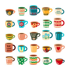 coffee mugs. colored cups decorated kitchen furniture coffee dishes. ethnic pattern mugs. vector cartoon illustrations