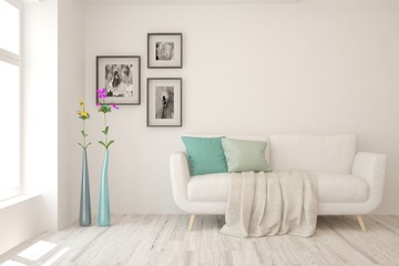 Stylish room in white color with sofa. Scandinavian interior design. 3D illustration
