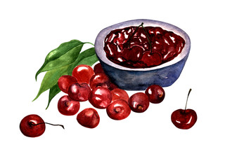 watercolor illustration. hand painted. cherry jam in a bowl and cherry berries on a white background.