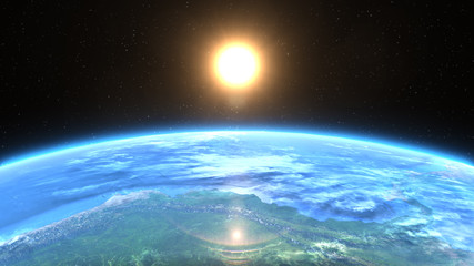 Beautiful view from space of the Sun rising over Planet Earth. Elements of this 3D illustration were furnished by NASA.