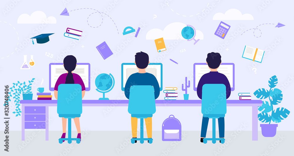 Poster e learning concept with abstract background. young people are using computers for distance studying 