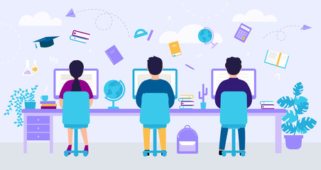 E learning concept With Abstract Background. Young People Are Using Computers for Distance Studying and Education In The Classroom. Flat Style. Vector Illustration