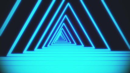 computer generated abstract neon triangle tunnel consisting of moving bright lines in blue color on black background, 3D rendering 4k video.