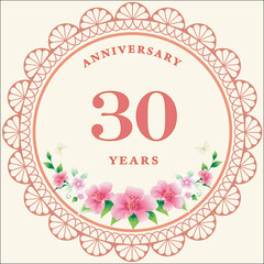 30th years anniversary, birthday card. Vector design background with decorative floral circle for celebration, invitation