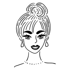 Girl's head with evening hairstyle, earrings, smile, vector