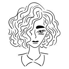 Head of a girl with short wavy hair, black outline isolated on white background, vector