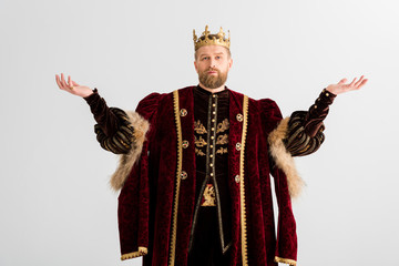king with crown showing outstretched hands isolated on grey
