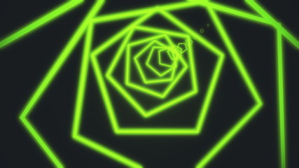 Colorful orange lines are crossing and forming neon pentagon tunnel on black background. Art, commercial and business concept motion background of narrow neon crossed stripes. 3D rendering 4k video.