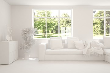 Mock up of stylish room in white color with sofa and green landscape in window. Scandinavian interior design. 3D illustration