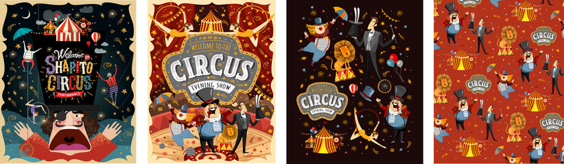 Welcome to the circus! Vector illustrations for a poster, invitation or banner with drawings of the arena, host, clown, magician, gymnasts and animal lion. - obrazy, fototapety, plakaty