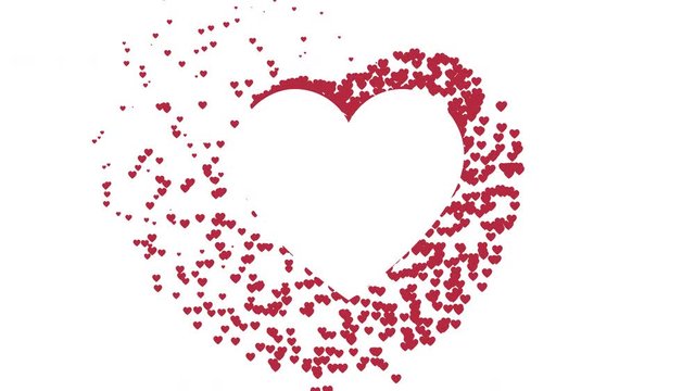 Template for a screensaver, animated background for Valentine's day. Small hearts fly out along the contour of a large heart. Red heart. Alpha channel. Scattering of particle hearts. Flat style. The o