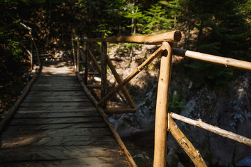 Wooden bridge with steps on the eco-trail along the rocks and mountain river in Bulgaria, Smolyan city. Equipped tourist road through the forest for sightseeing tours and walks
