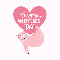 A cute pink sloth is hanging or holding a large pink heart with the text happy Valentine s day. Greeting card, banner or poster for Valentine s Day, birthday. Funny exotic animal. Vector illustration