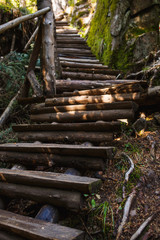 Wooden bridge with steps on the eco-trail along the rocks and mountain river in Bulgaria, Smolyan city. Equipped tourist road through the forest for sightseeing tours and walks