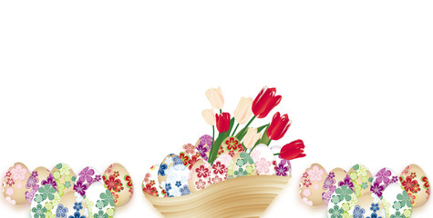 イースター和柄の卵に春の花が気の器に入ったイラストのバナースタイル背景素材