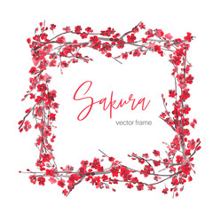 Vector floral square frame made of sakura branches. Spring cherry blossom