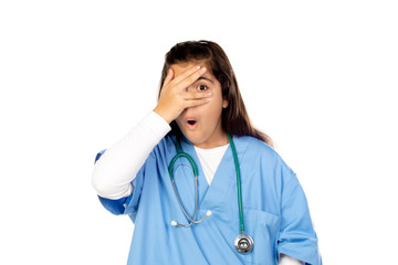 Funny girl with blue doctor uniform