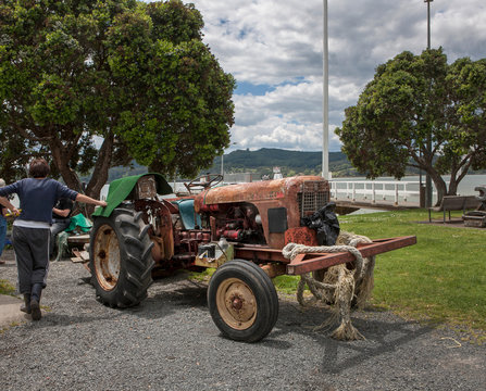 Rawene New Zealand. Hokianga River. Oldtimer tractor