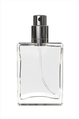 Clear Glass Perfume Spray Bottle. Realistic 3D Render Isolated on White Background.
