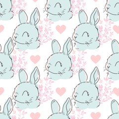 Hand Drawn Cute Bunny and Heart Pattern, print design rabbit background, children print textile design