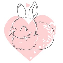 Sketch rabbit on a pink heart background. Childish print design for nursery, t-shirt, textile, background. Vector illustration. Hand drawn cute cartoon character.